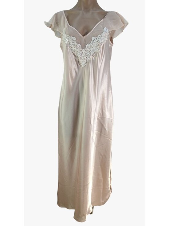 california dynasty Other - California Dynasty Satin Size L Pink Nightgown Lace Applique Sheer Flutter Sleev